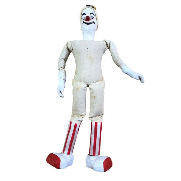 Vintage Clown Carved Head Hands Feet Soft Body Signed Figure Doll Folk Art